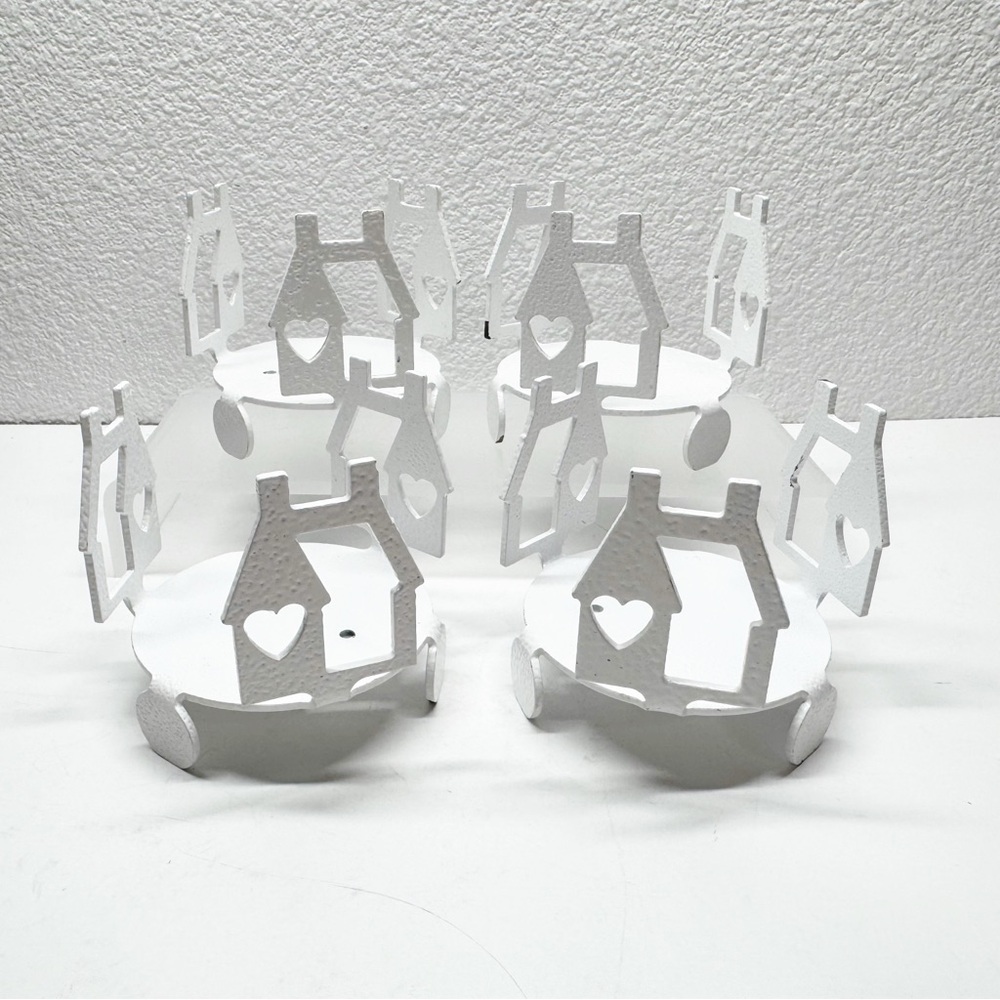 Cast Metal Cutout House Hammered Enamel Candle Holders